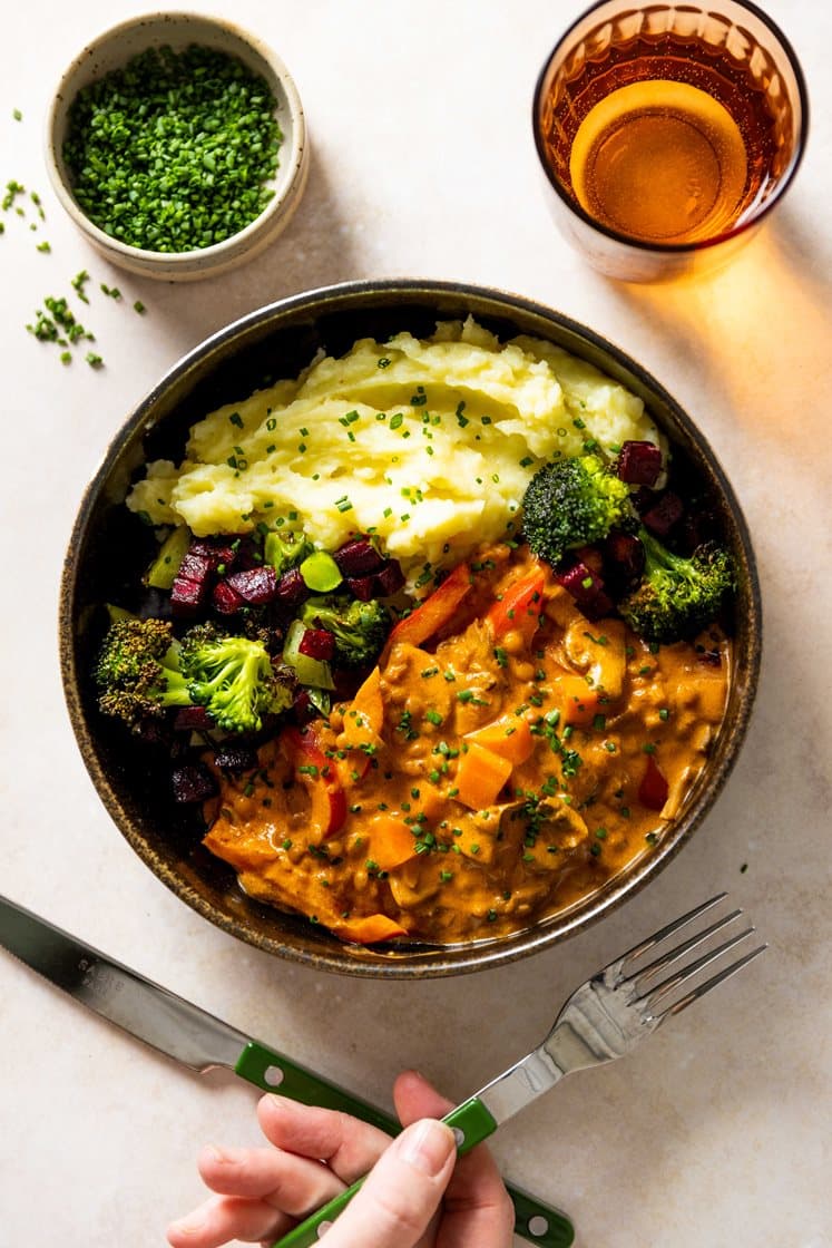 Sopp Stroganoff med ovnsbakt brokkoli og potetmos