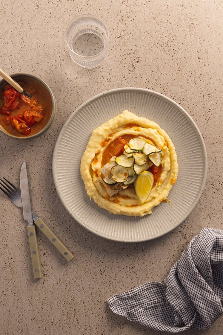 Ovnsbakt torsk med squash og cherrytomater i kryddersmørsaus, servert med potetmos