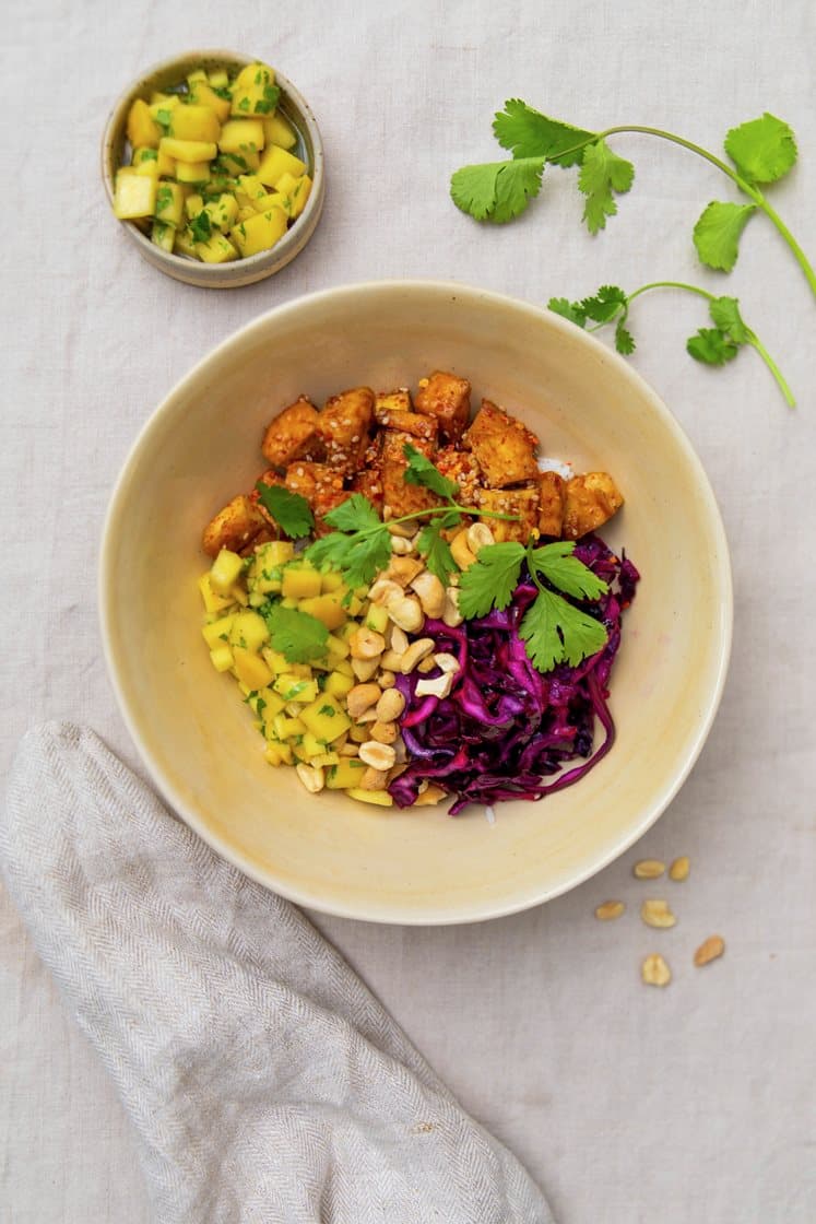 Poke bowl med ponzumarinert tofu, syrlig rødkål og mangosalsa