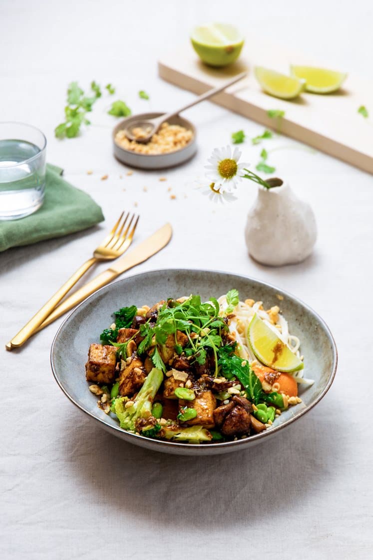 Nudelwok med soyaglasert tofu, aromasopp og koriander