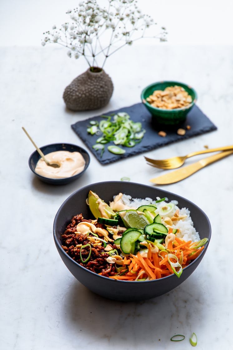 Rice bowl med teriyakikjøttdeig, vårløk og lettsyltet agurk, toppet med chilimajones og peanøtter